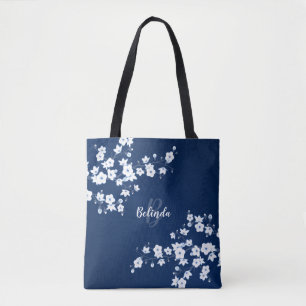 Cherry Blommars Navy Blue White Monogram Tote Bag Tygkasse