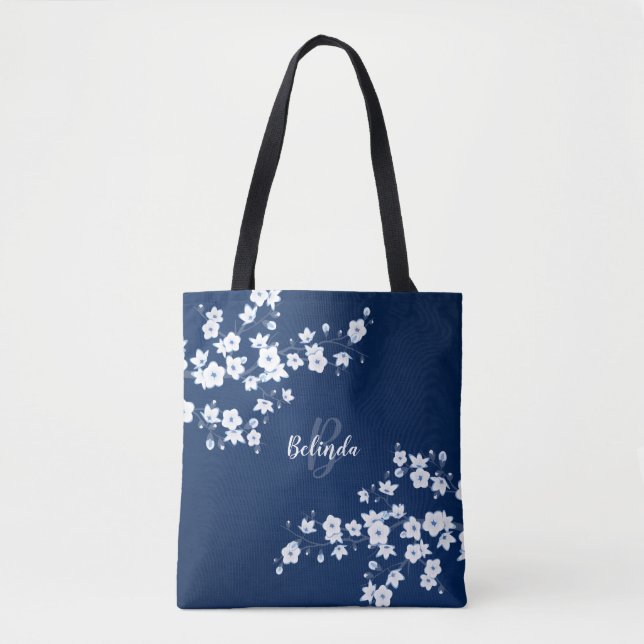 Cherry Blommars Navy Blue White Monogram Tote Bag Tygkasse (Framsida)