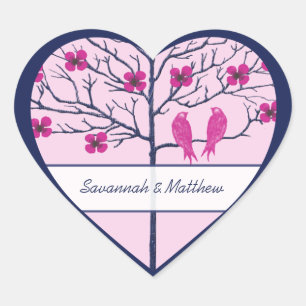 Cherry Blommars Navy & Fuchsia Love birds Hjärtformat Klistermärke