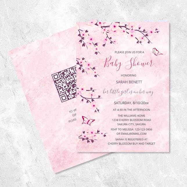 Cherry Blommars Rosa Marble Blommigt Baby Shower Inbjudningar (Skapare uppladdad)