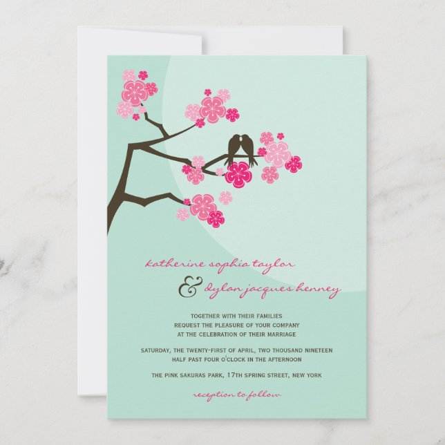 Cherry Blommars Sakura Love birds bröllopsinbjudan Inbjudningar (Framsida)