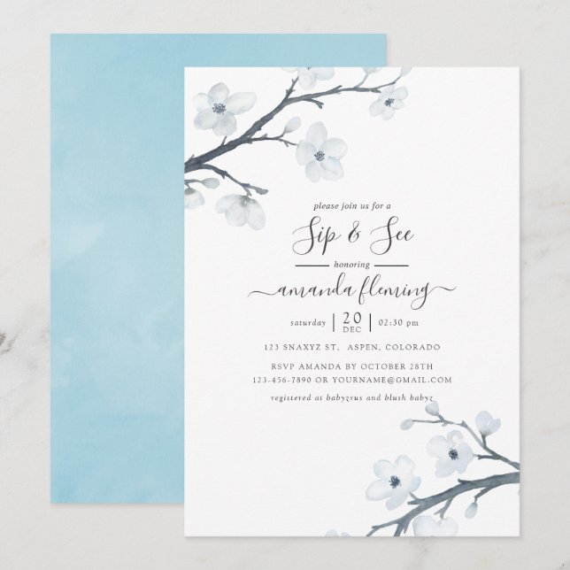 Cherry Blommars Sip and See Inbjudningar (Fram/baksida)