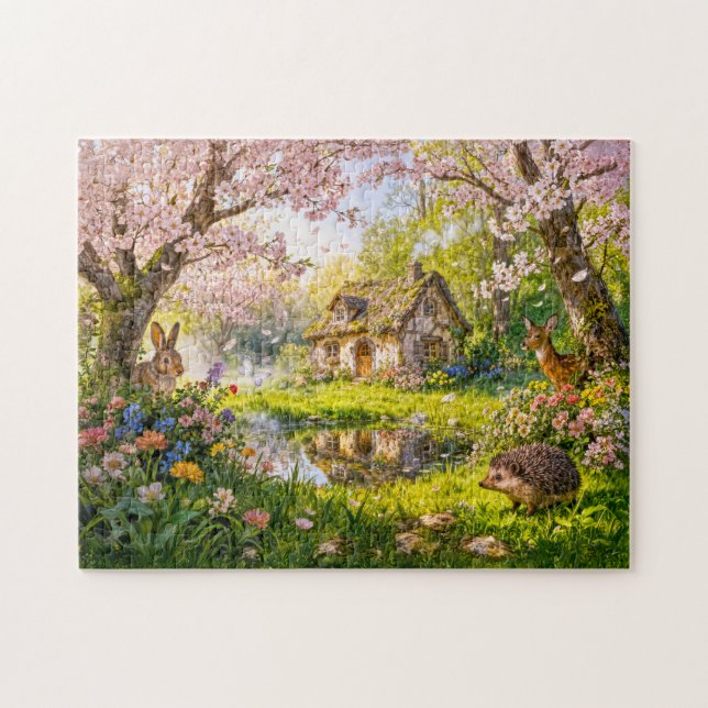 Cherry Blossom Cottage by the Garden Pond Pussel (Horisontell)