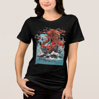 Cherry Blossom Dragon in Ocean Waves T Shirt