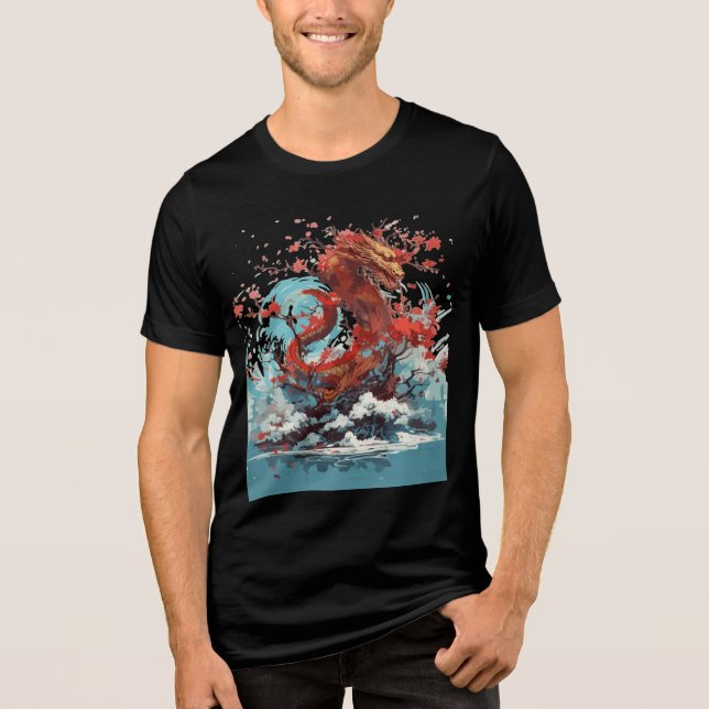 Cherry Blossom Dragon in Ocean Waves T Shirt (Framsida)