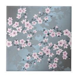 Cherry Blossom Dusky Pink Slate Blue Floral Kakelplatta