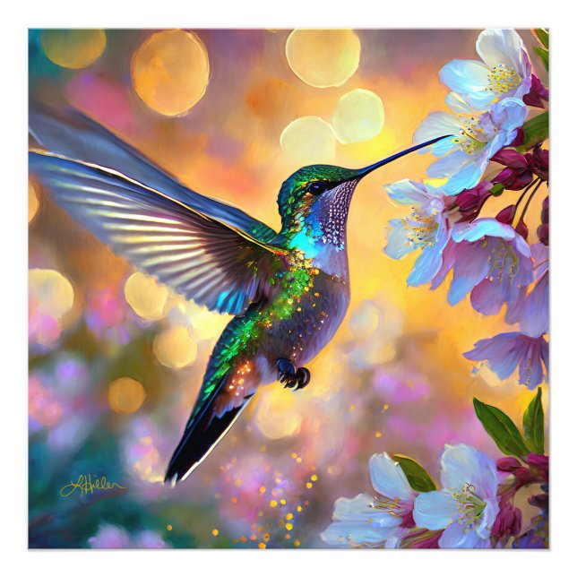 Cherry Blossom Fantasi Kolibri Fototryck (Framsidan)