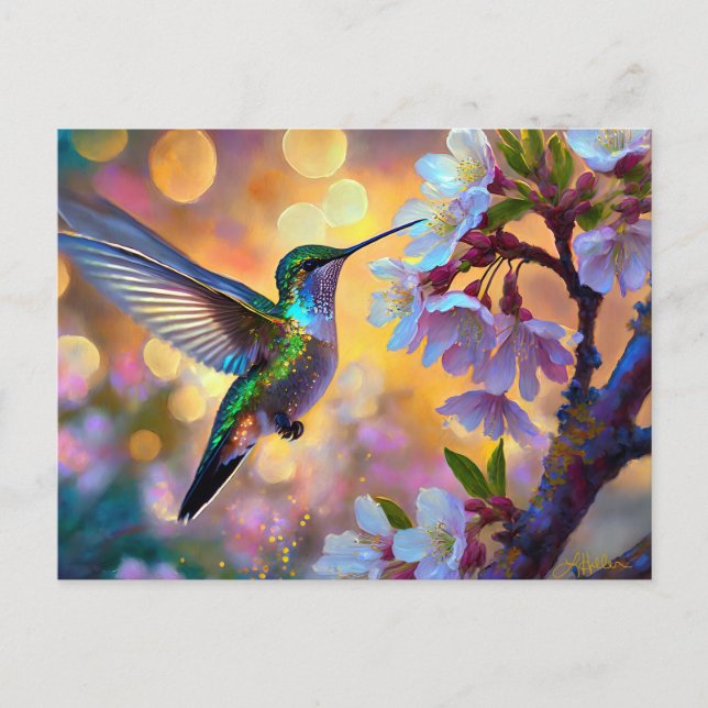 Cherry Blossom Fantasi Kolibri Vykort (Framsida)