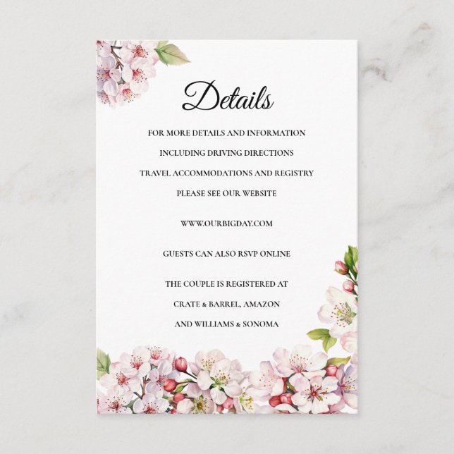 Cherry Blossom floral Enclosure Card Details Tilläggskort (Framsida)