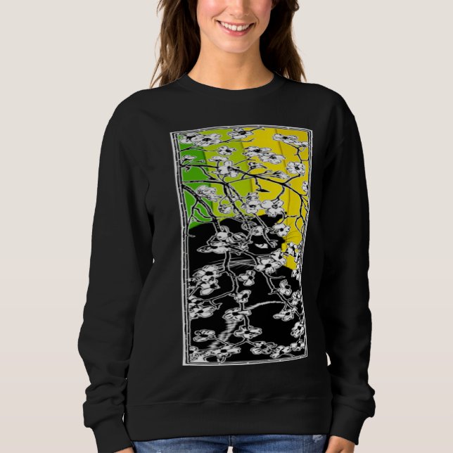 Cherry Blossom Flowers Cat Black Stripes Green and T Shirt (Framsida)