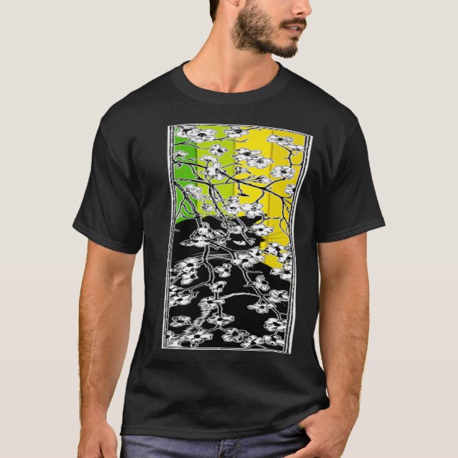 Cherry Blossom Flowers Cat Black Stripes Green and T Shirt (Framsida)