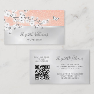 Cherry Blossom Glitter Silver Visitkort