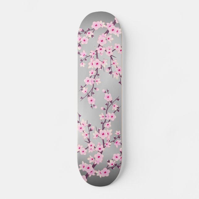 Cherry Blossom Grå Rosa Asiatisk Blommig Mini Skateboard Bräda 18,5 Cm (Framsida)