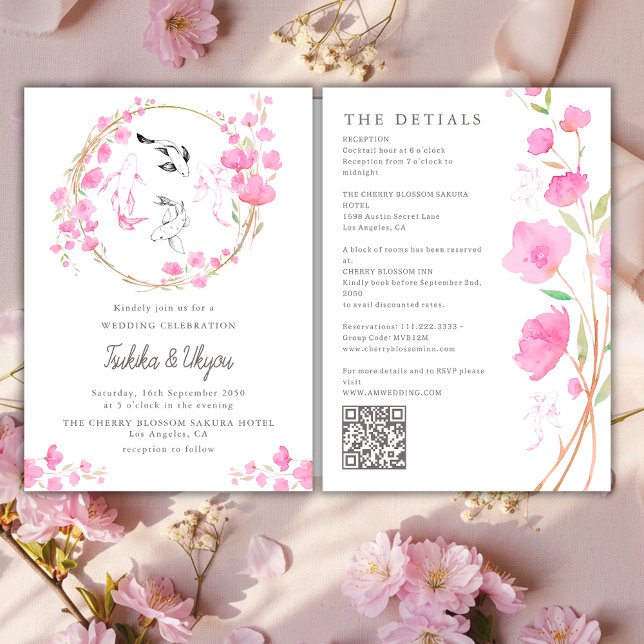 Cherry Blossom Koi Fish QR Code All In One Wedding Inbjudningar (Skapare uppladdad)