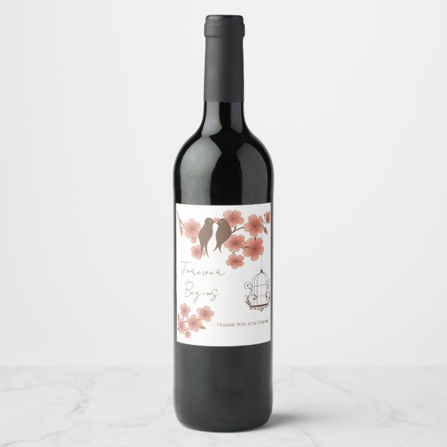 Cherry Blossom Lovebirds Wedding Wine Bottle Label Vinflaska Etikett (Framsida)