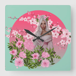 Cherry Blossom Maiden Wall Clock  Fyrkantig Klocka