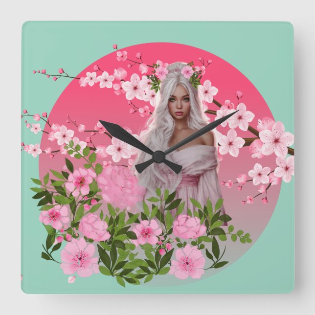 Cherry Blossom Maiden Wall Clock  Fyrkantig Klocka (Framsida)