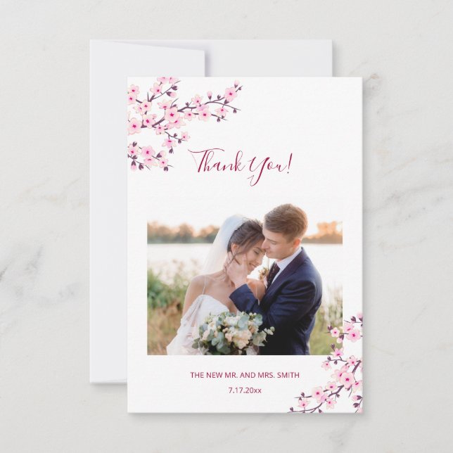 Cherry Blossom Photo Wedding Thank You Card Tack Kort (Framsida)