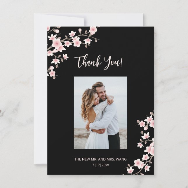 Cherry Blossom Pink Black Wedding Thank You Tack Kort (Framsida)