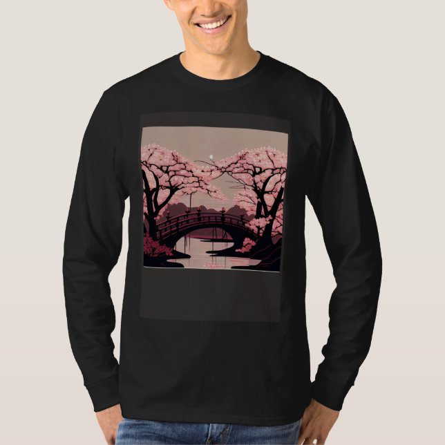 Cherry Blossom River and Bridge Artwork Stunning G T Shirt (Framsida)