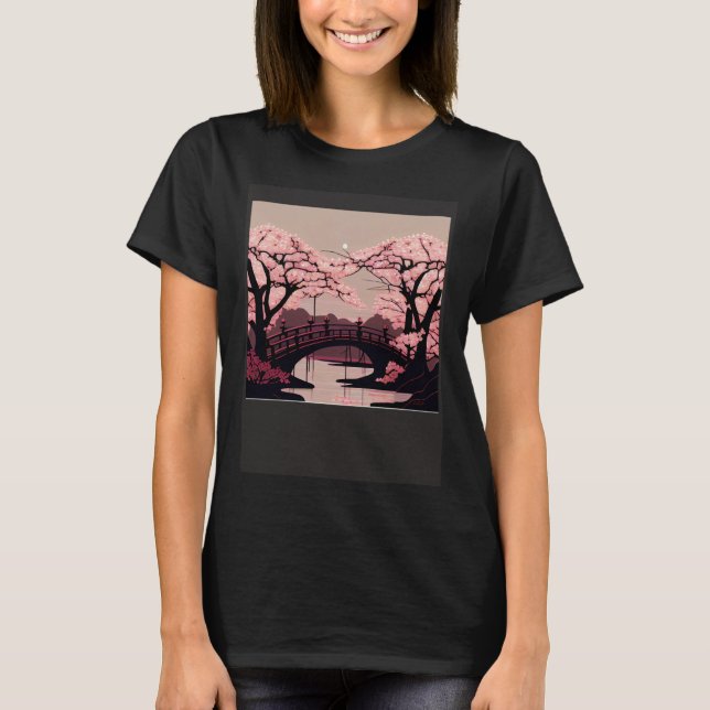 Cherry Blossom River and Bridge Artwork Stunning G T Shirt (Framsida)