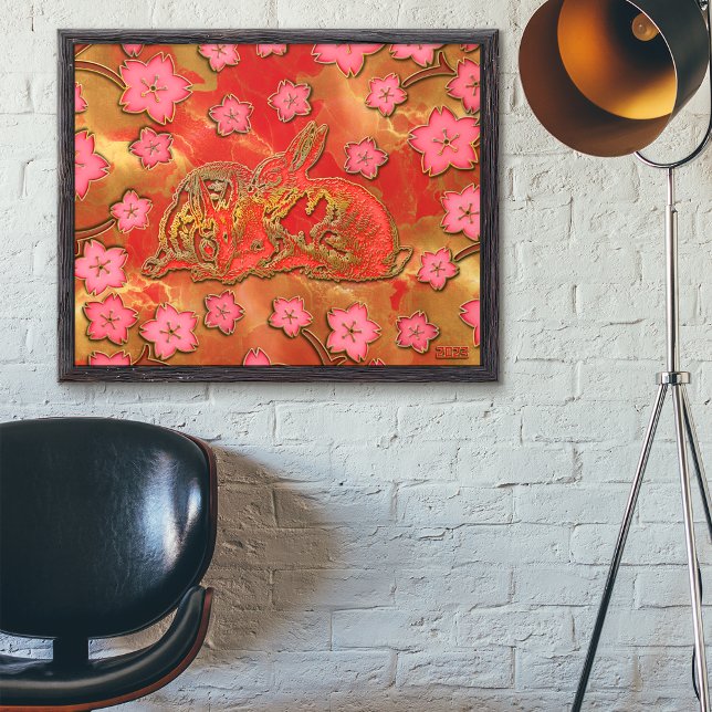Cherry Blossom Röda Guld Kanin Kinesiskt Nyår Poster (Skapare uppladdad)