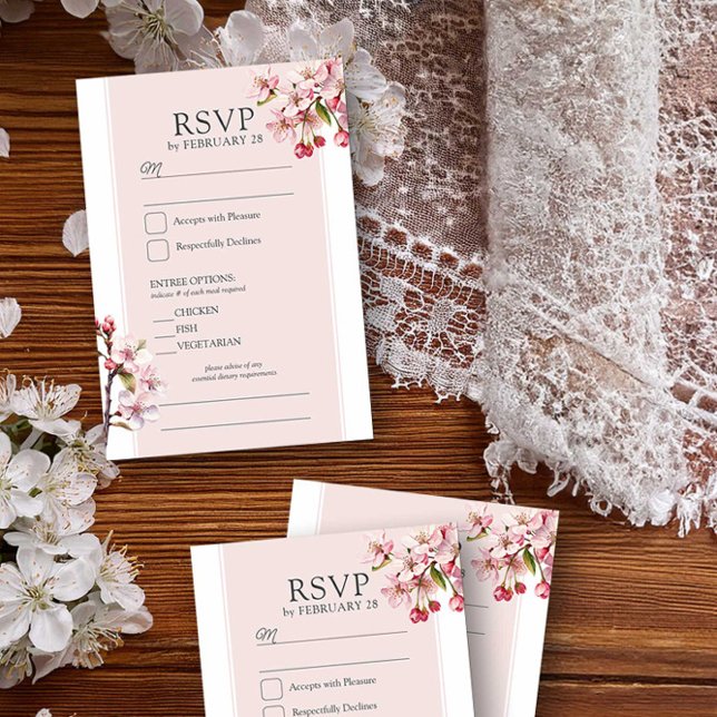 Cherry Blossom Rosa Blommig Bröllopsmeny och OSA Kort (Wedding RSVP card from the Cherry Blossom Wedding Collection by Darling & May)