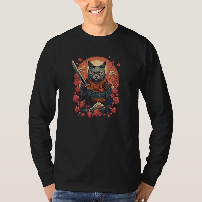 Cherry Blossom Samurai Cat Classic Japanese Style  T Shirt (Framsida)