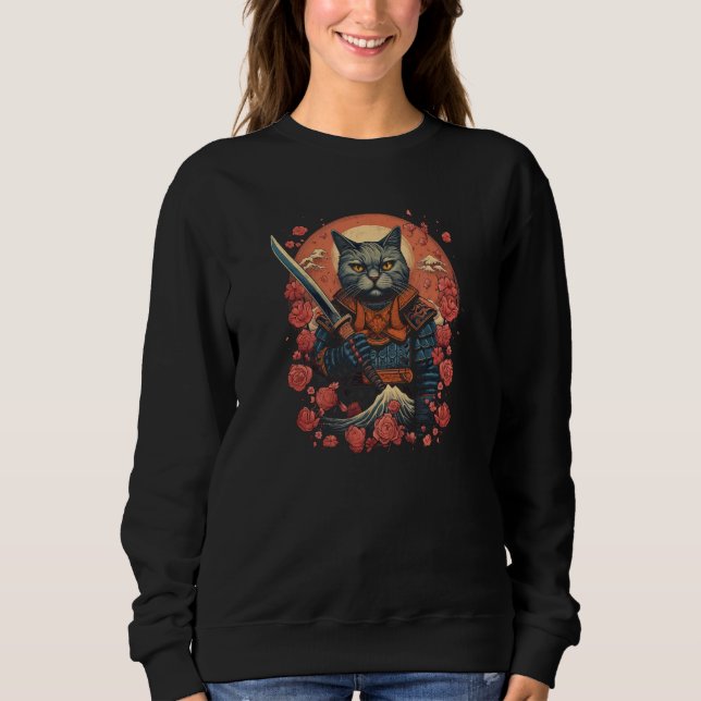 Cherry Blossom Samurai Cat Classic Japanese Style  T Shirt (Framsida)