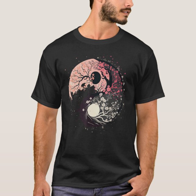 Cherry Blossom Taoism Yin Yang on Zen Taijitu Yin  T Shirt (Framsida)
