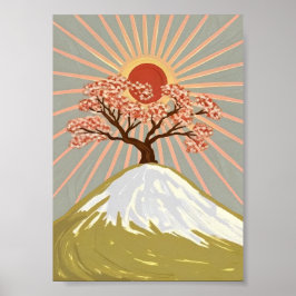 Cherry Blossom Tree Mountain Sunrise Japanese  Poster