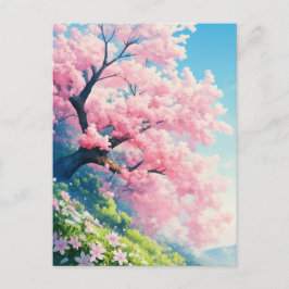 Cherry Blossom Tree on Sunny Green Hillside Vykort