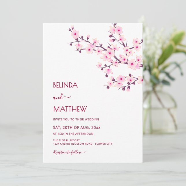 Cherry Blossoms Pink White Casual Wedding Inbjudningar (Stående Fram)
