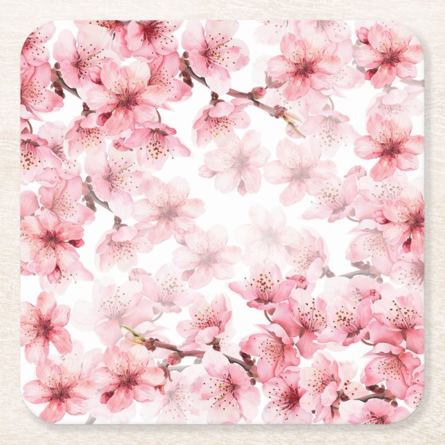 Cherry Blossoms Rosa Vita Anpassad Underlägg Papper Kvadrat (Framsidan)