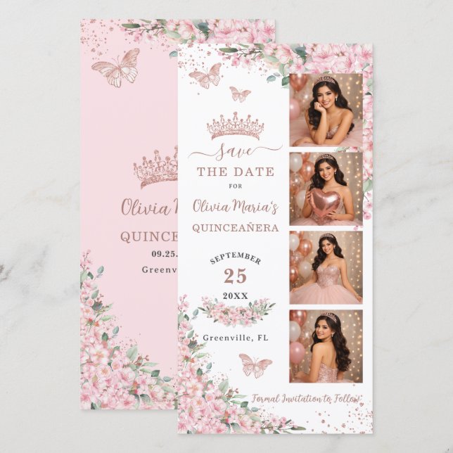 Cherry Blossoms Rose Gold Photo Booth Quinceanera Spara Datumet (Fram/baksida)
