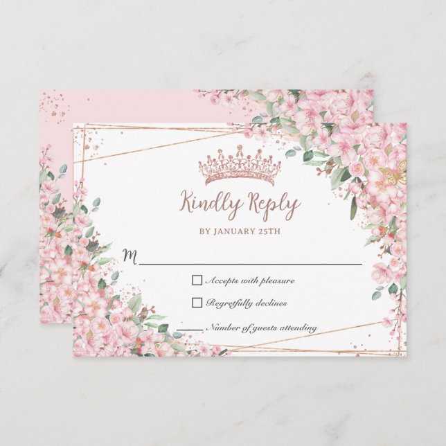 Cherry Blossoms Rose Gold Sweet 16 Quinceañera XV OSA Kort (Fram/baksida)