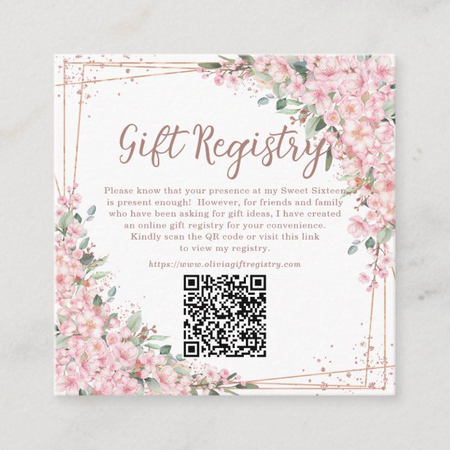 Cherry Blossoms Rose Gold Sweet Sixteen QR-present Tilläggskort (Framsida)