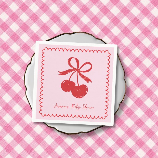 Cherry Bow Rosa & Red Hand plockade Baby Shower Pappersservett (Cherry Bow Pink & Red Hand Drawn Baby Shower Napkins)
