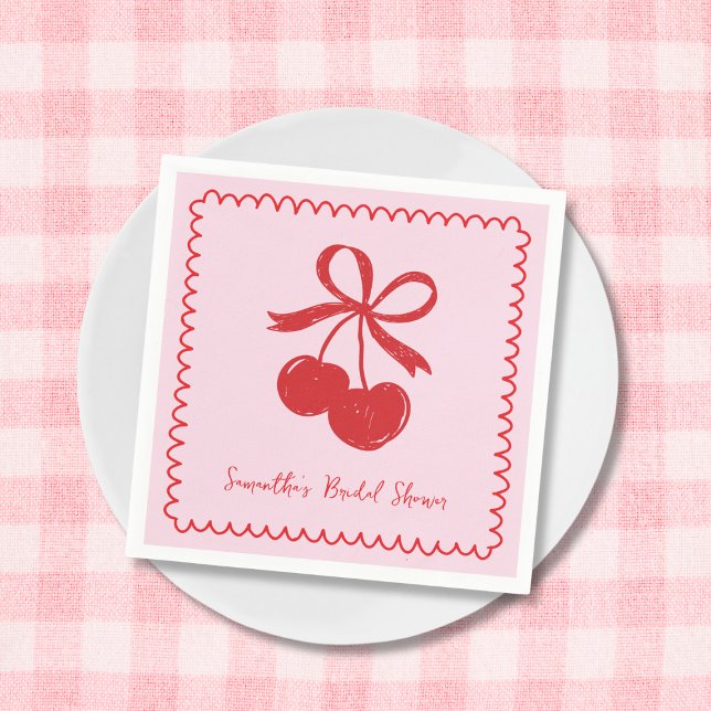 Cherry Bow Rosa & Red Hand plockade Möhippa Pappersservett (Cherry Bow Pink & Red Hand Drawn Bridal Shower Napkins)