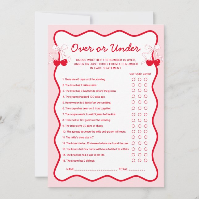 Cherry Bridal Shower Over or Under Game Card Inbjudningar (Framsida)