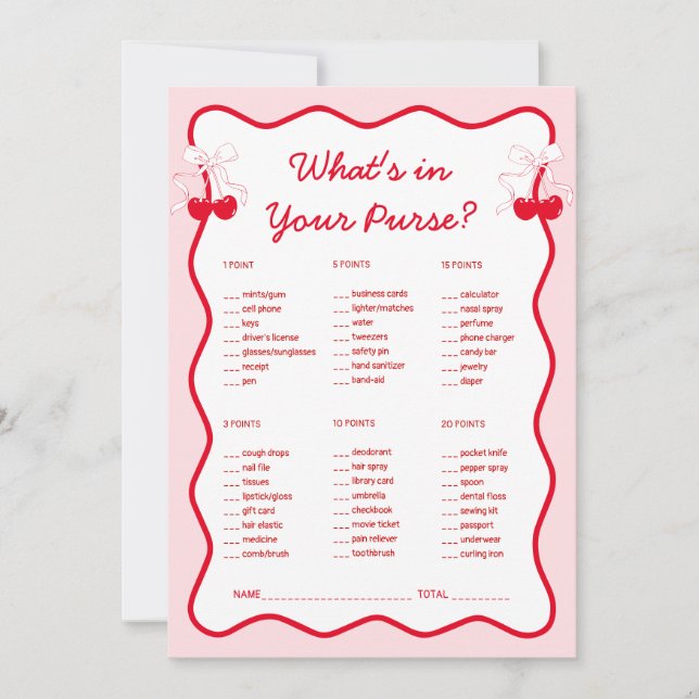 Cherry Bridal Shower What's in Your Purse Game Inbjudningar (Framsida)