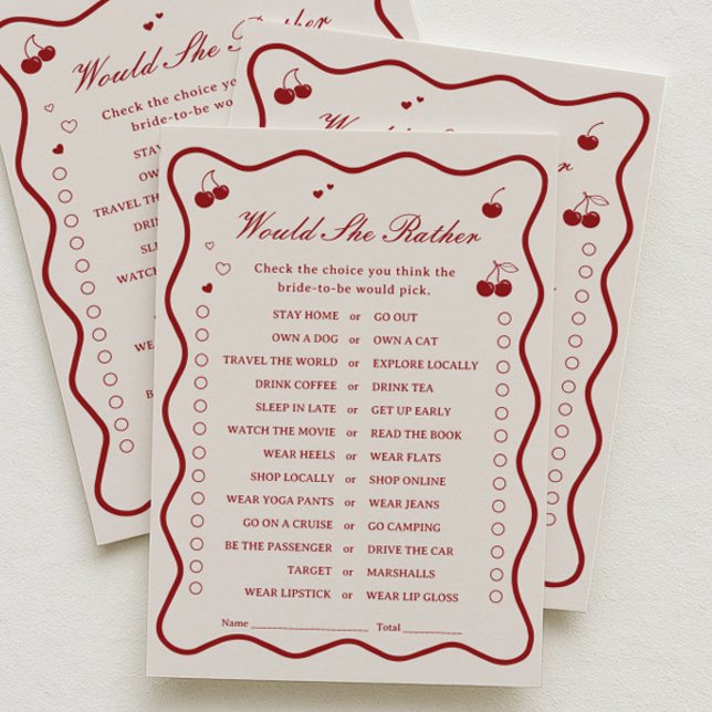 Cherry Bridal Shower Would She Rather Game Card Inbjudningar (Skapare uppladdad)