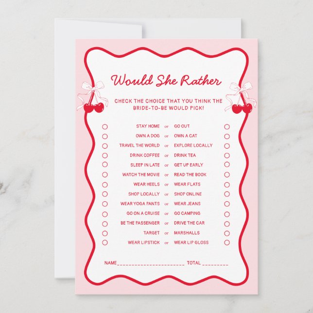 Cherry Bridal Shower Would She Rather Game Card Inbjudningar (Framsida)