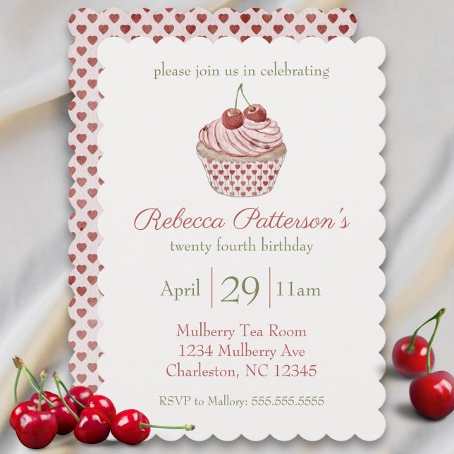 Cherry Coquette Cuptårta Watercolor Födelsedagsfes Inbjudningar (cherry cupcake coquette aesthetic birthday invitation cute watercolor hearts girls bday party pink)