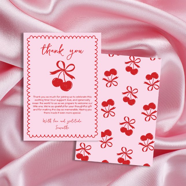 Cherry Coquette Hand plockade Flicka Shower Tack Kort (Cherry Coquette Hand Drawn Baby Girl Shower Thank You Card)