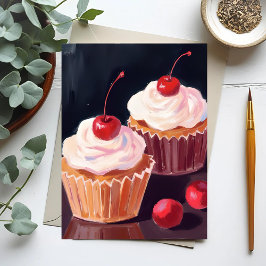 Cherry Cupcakes | Celebration Watercolor Painting Vykort