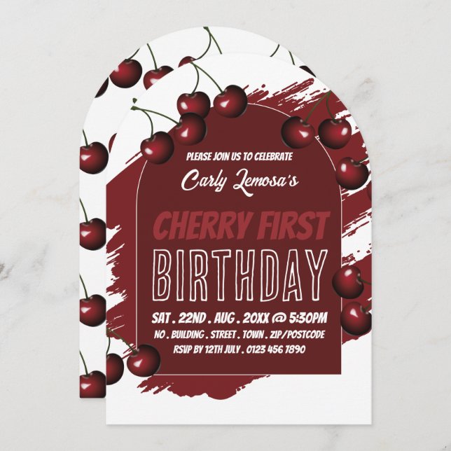 Cherry Design, Cherry First Birthday-inbjudan Inbjudningar (Fram/baksida)