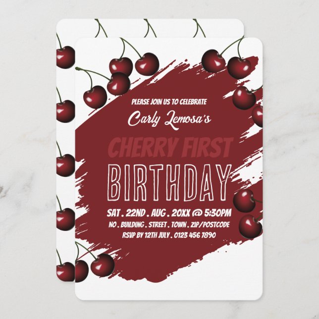 Cherry Design, Cherry First Birthday-inbjudan Inbjudningar (Fram/baksida)
