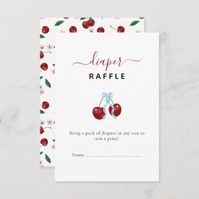 Cherry Diaper Raffle Baby Shower Blue Bow Boy (Fram/baksida)