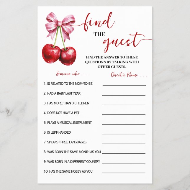 Cherry Find the Guest Baby Shower Game Card Flygblad (Framsidan)